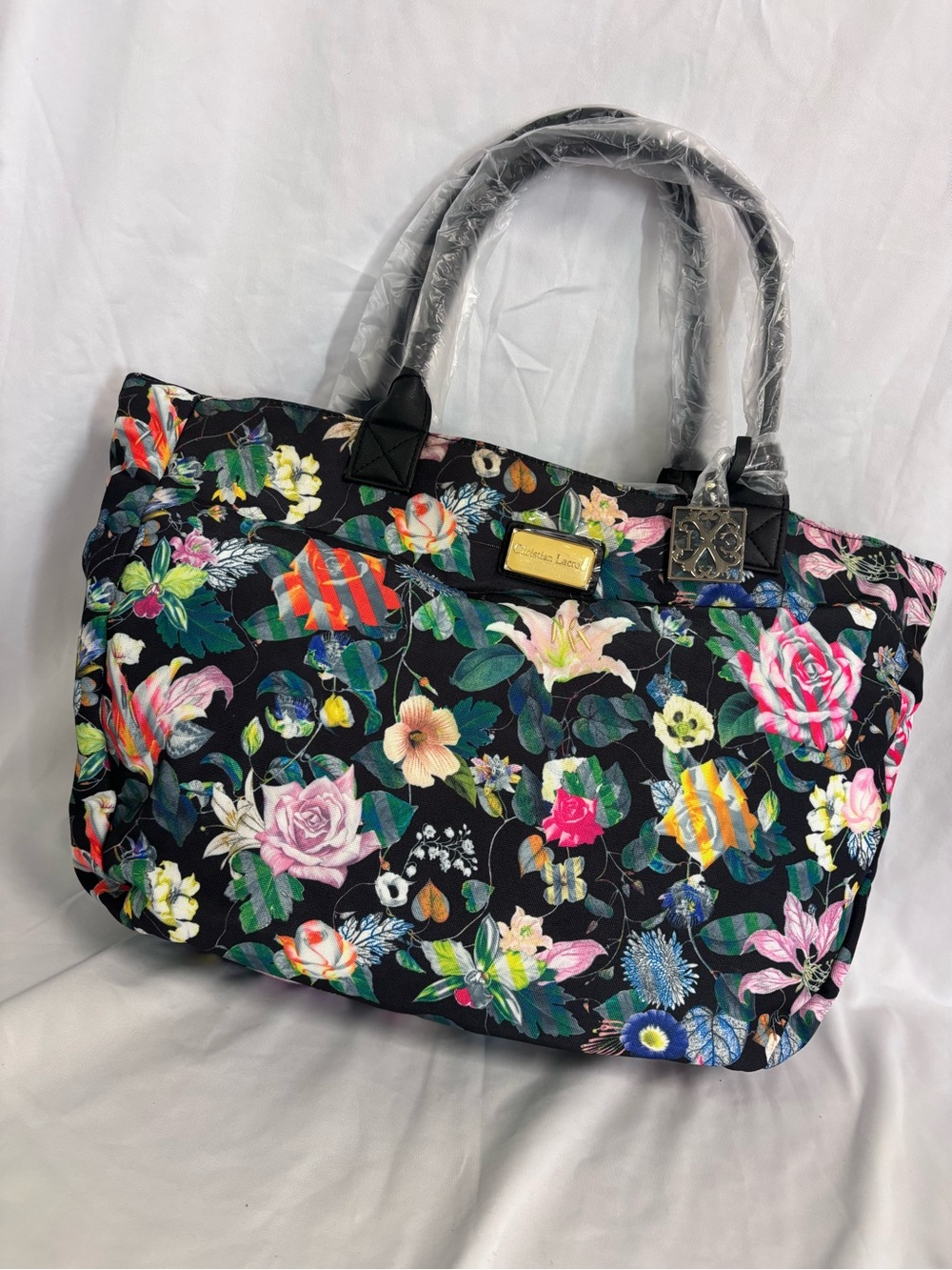 Floral Quilted Tote Bag with Black Background
